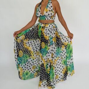 Women's Halter Black and White Polka Dots Tropical Jungle Set